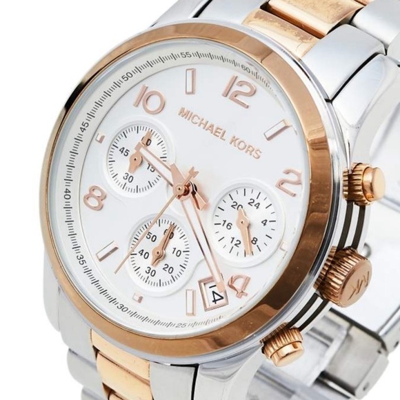 MICHAEL KORS Silver Rose Gold Chronograph Runway Watch New Battery Ready to Wear - Picture 6 of 10